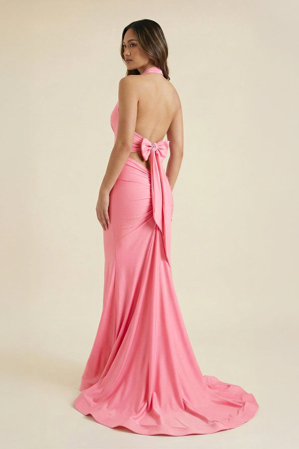 Halter Mermaid Maxi Dress With Bow in Pink - SHE IS ME PROM DRESSES