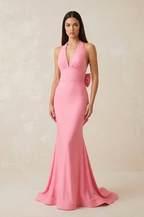 Halter Mermaid Maxi Dress With Bow in Pink