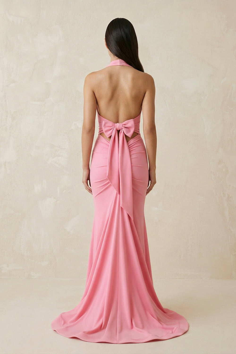 Halter Mermaid Maxi Dress With Bow in Pink