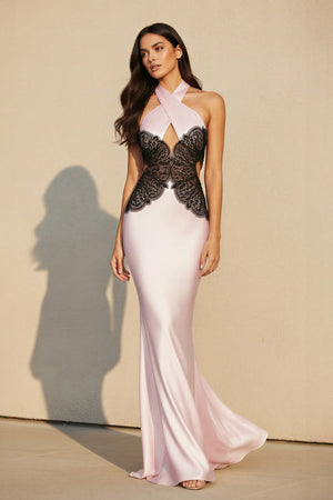 Halter Mermaid Maxi Dress With Lace in Black and Pink - SHE IS ME Prom Dresses