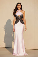 Halter Mermaid Maxi Dress With Lace in Black and Pink - SHE IS ME