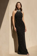 Halter Mermaid Maxi Dress With Pearls in Black - SHE IS ME