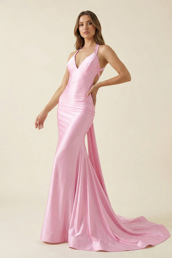 Halter Mermaid Open Back Maxi Dress in Pink - SHE IS ME PROM DRESSES