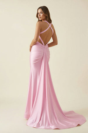 Halter Mermaid Open Back Maxi Dress in Pink - SHE IS ME PROM DRESSES