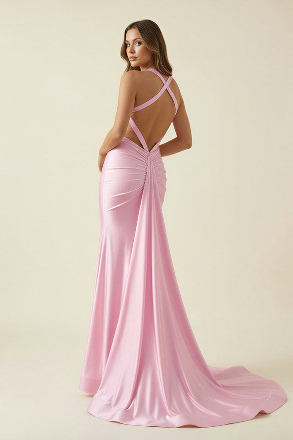 Halter Mermaid Open Back Maxi Dress in Pink - SHE IS ME PROM DRESSES
