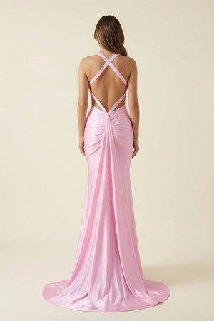 Halter Mermaid Open Back Maxi Dress in Pink - SHE IS ME PROM DRESSES