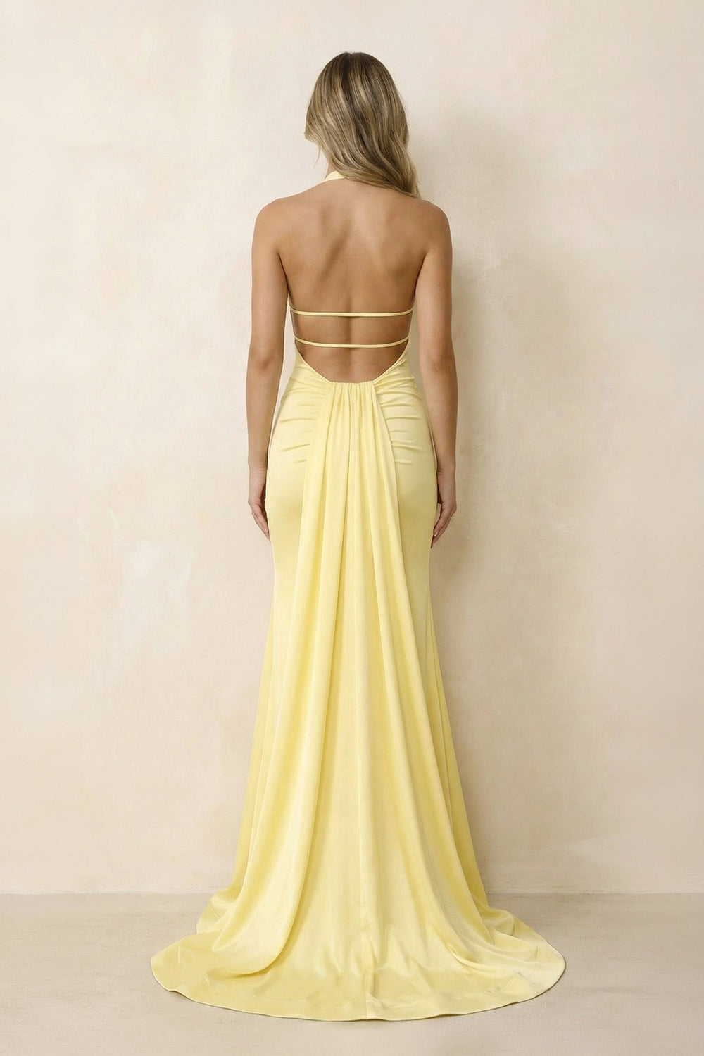 Halter Mermaid Open Back Maxi Dress With Slit in Yellow - SHE IS ME PROM DRESSES