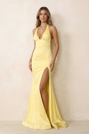 Halter Mermaid Open Back Maxi Dress With Slit in Yellow - SHE IS ME PROM DRESSES