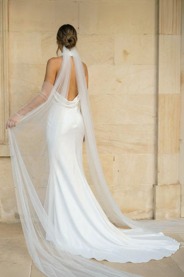 Halter Mermaid Satin Backless Wedding Dress in White - SHE IS ME Wedding Dresses