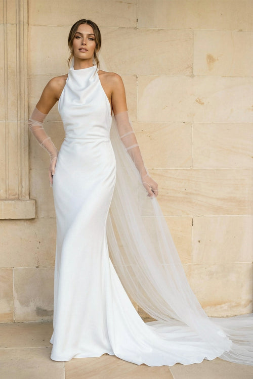 Halter Mermaid Satin Backless Wedding Dress in White - SHE IS ME Wedding Dresses