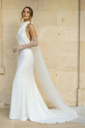 Halter Mermaid Satin Backless Wedding Dress in White - SHE IS ME Wedding Dresses