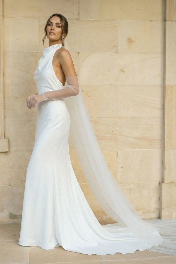 Halter Mermaid Satin Backless Wedding Dress in White - SHE IS ME Wedding Dresses