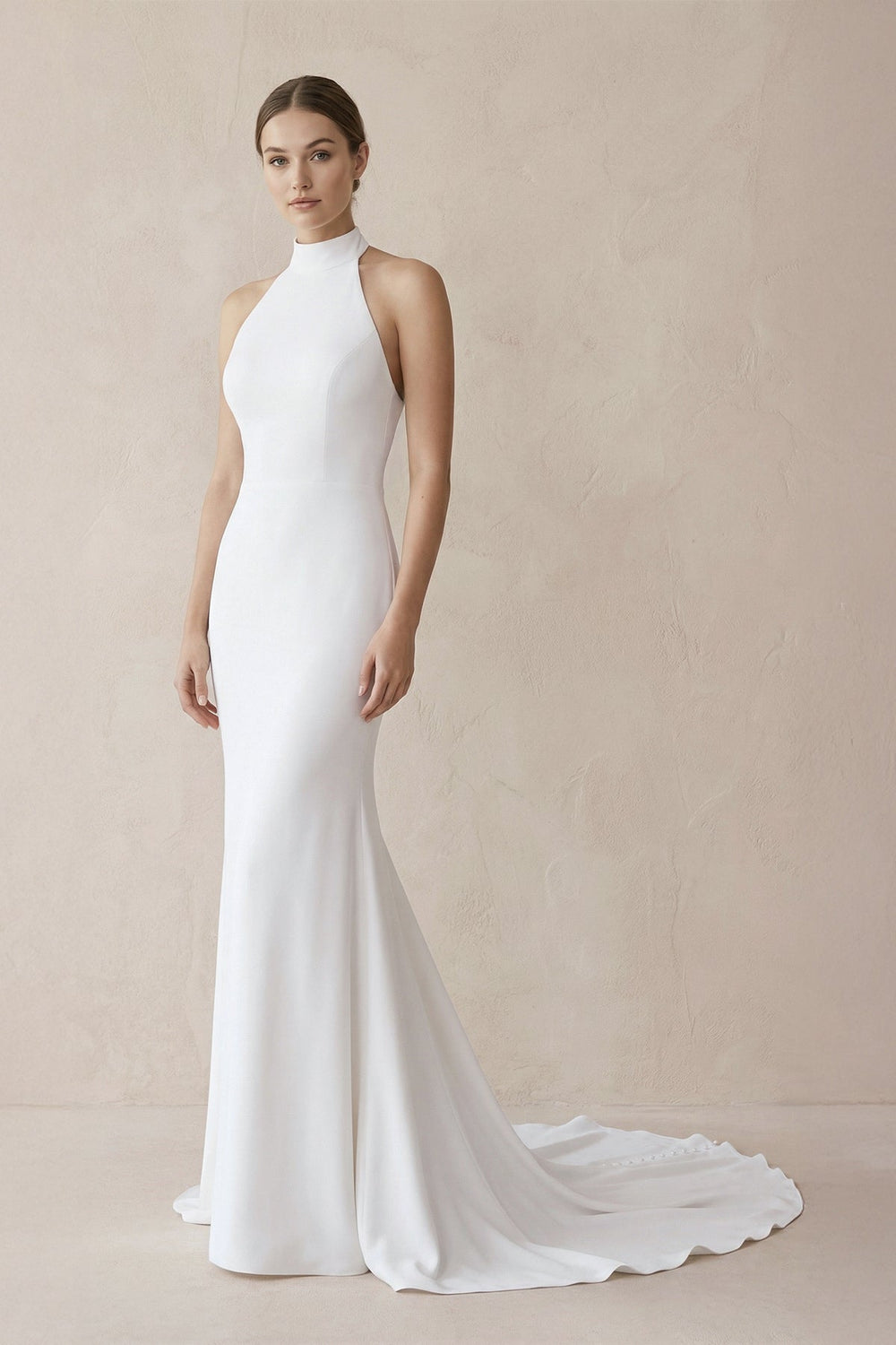 Halter Mermaid Satin Wedding Dress With Beading in White - SHE IS ME Wedding Dresses