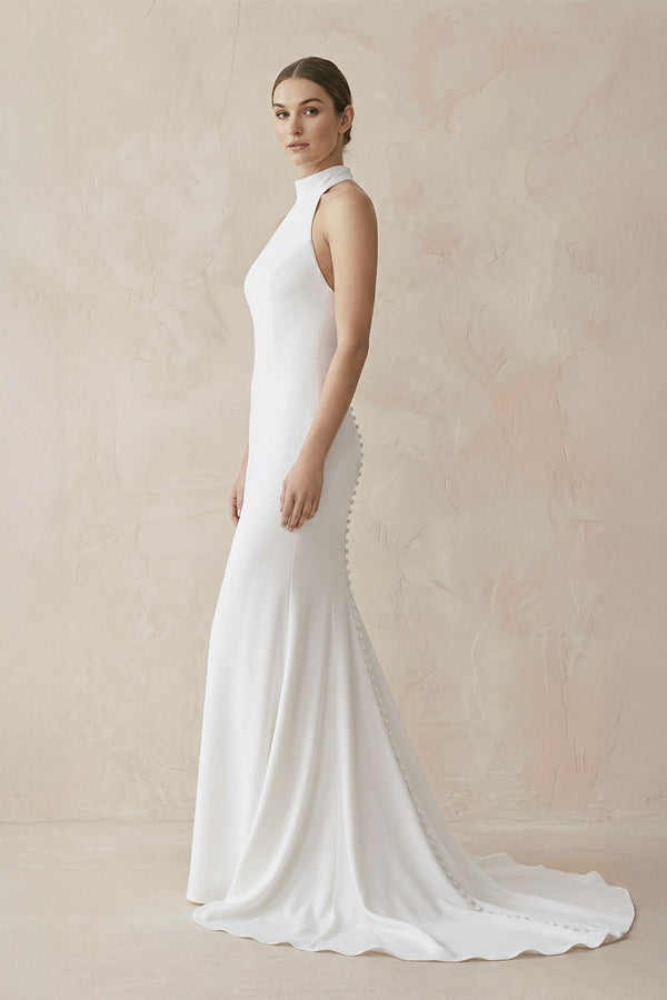 Halter Mermaid Satin Wedding Dress With Beading in White - SHE IS ME Wedding Dresses