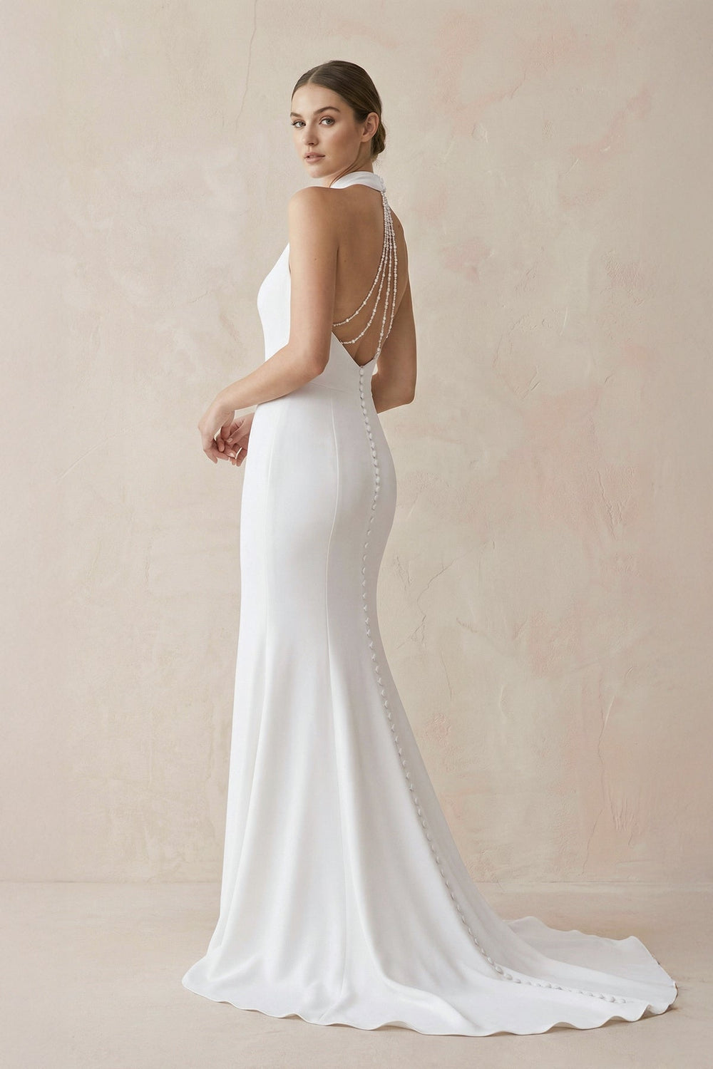 Halter Mermaid Satin Wedding Dress With Beading in White - SHE IS ME Wedding Dresses