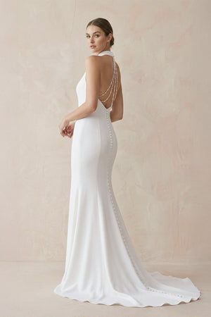 Halter Mermaid Satin Wedding Dress With Beading in White - SHE IS ME Wedding Dresses