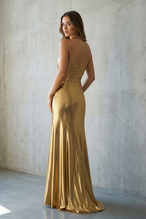 Halter Metallic Maxi Dress With Slit in Gold - SHE IS ME