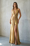 Halter Metallic Maxi Dress With Slit in Gold - SHE IS ME