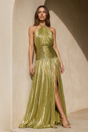 Halter Metallic Pleated Gown in Olive - SHE IS ME
