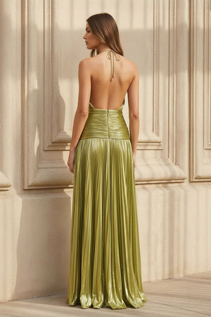 Halter Metallic Pleated Gown in Olive - SHE IS ME