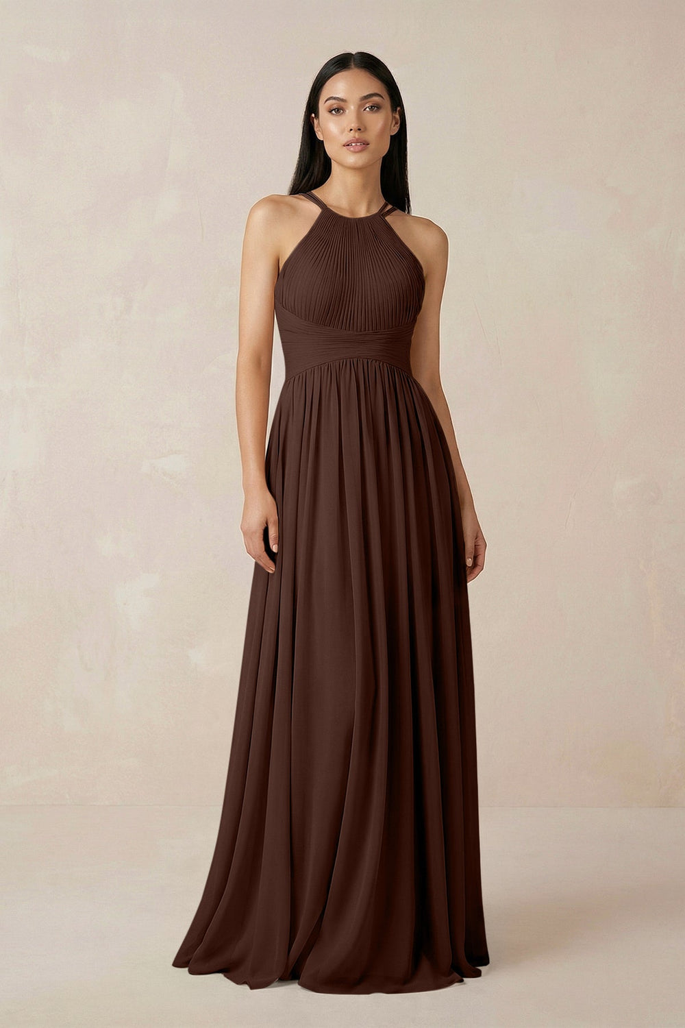 Halter Neck A - Line Chiffon Bridesmaid Dress in Espresso - SHE IS ME Bridesmaid Dresses