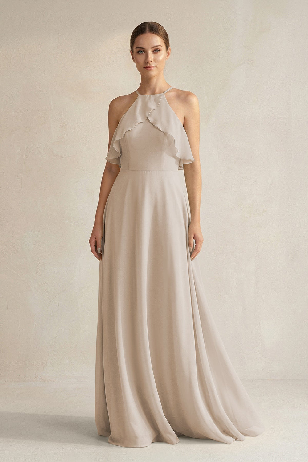 Halter Neck A - Line Chiffon Bridesmaid Dress with Keyhole in Frost - SHE IS ME Bridesmaid Dresses