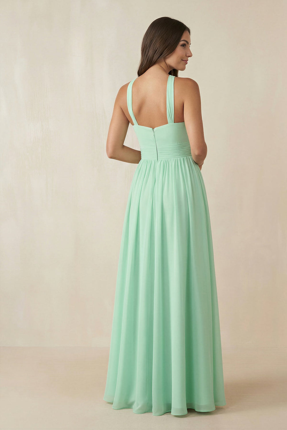 Halter Neck Ruched A-Line Chiffon Dress in Pale Pistachio - SHE IS ME BRIDESMAID DRESSES