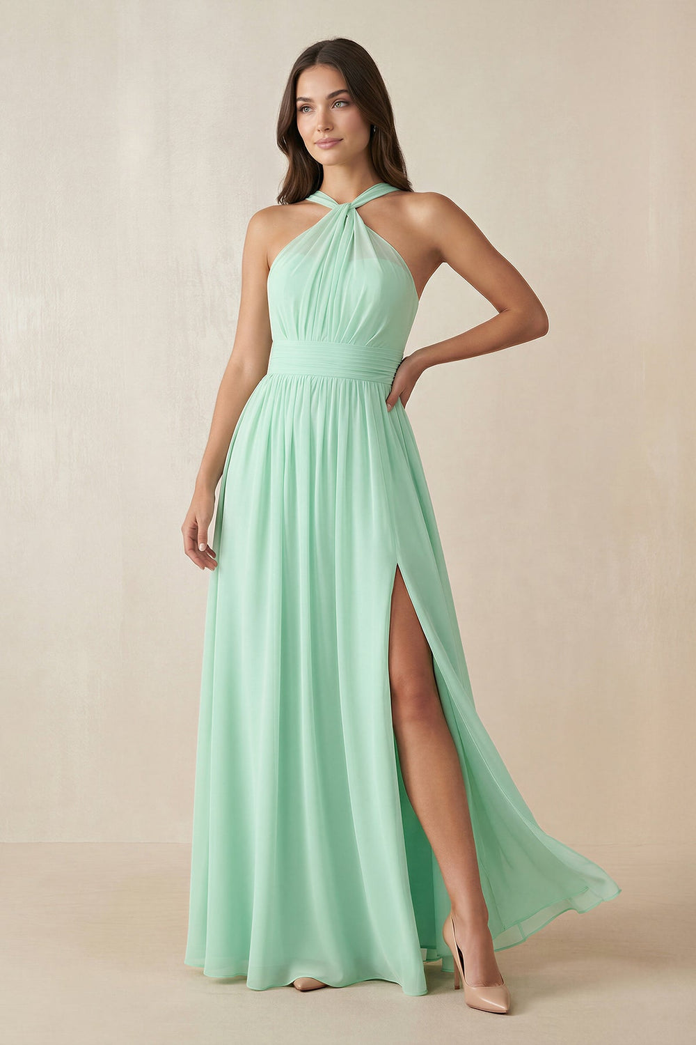 Halter Neck Ruched A-Line Chiffon Dress in Pale Pistachio - SHE IS ME BRIDESMAID DRESSES