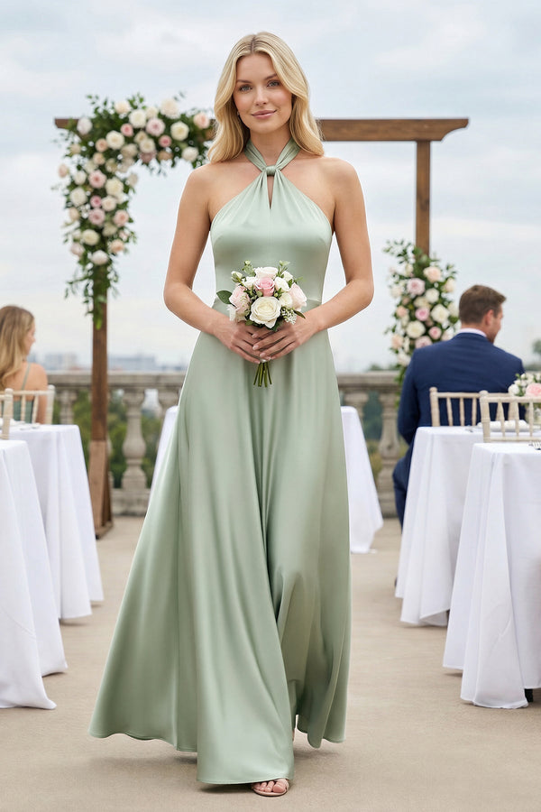Halter Neck Satin A - Line Bridesmaid Gown with Bow - SHE IS ME Bridesmaid Dresses