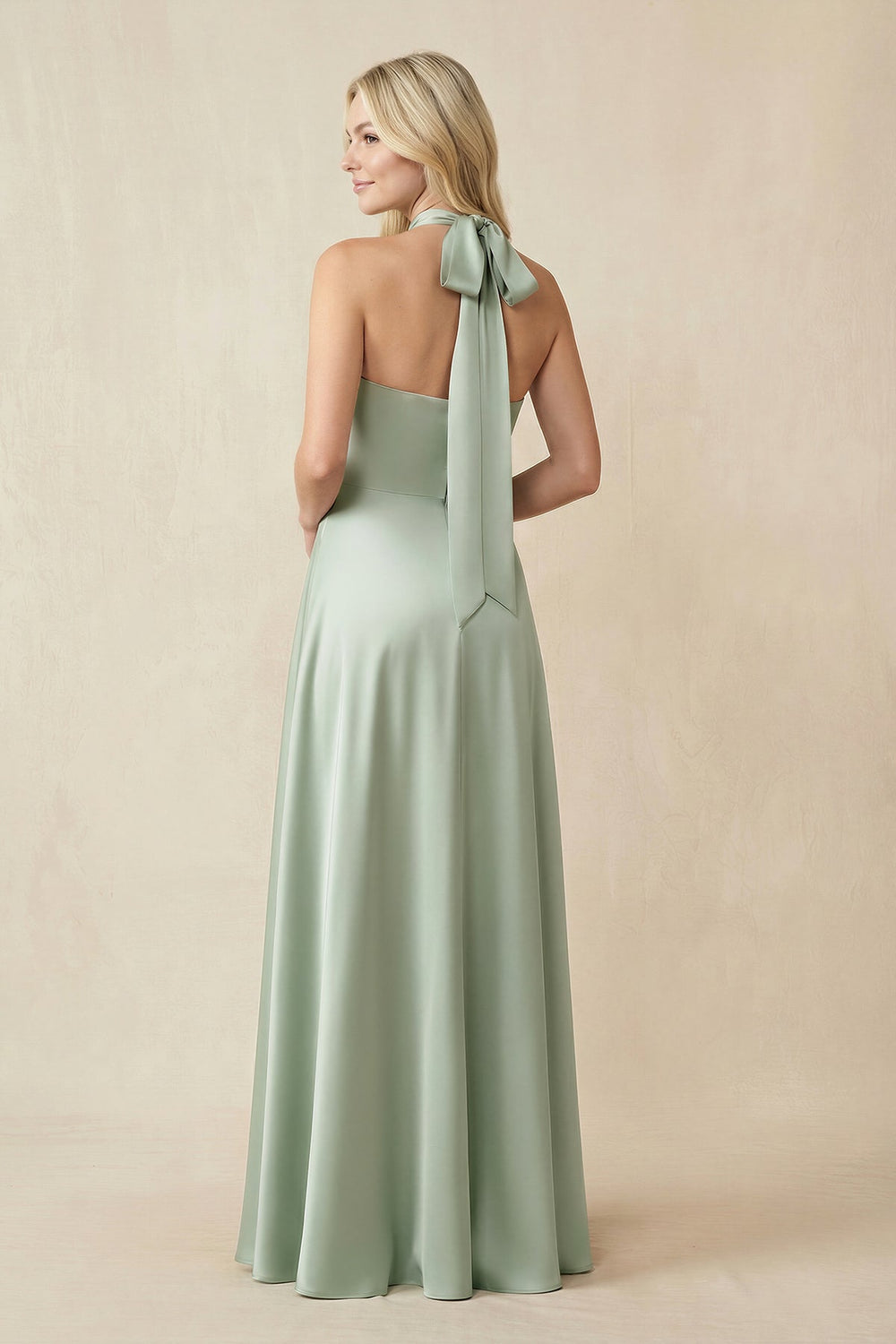 Halter Neck Satin A - Line Bridesmaid Gown with Bow - SHE IS ME Bridesmaid Dresses