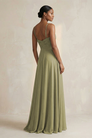 Halter Pleated Chiffon A - Line Bridesmaid Dress in Thyme - SHE IS ME Bridesmaid Dresses