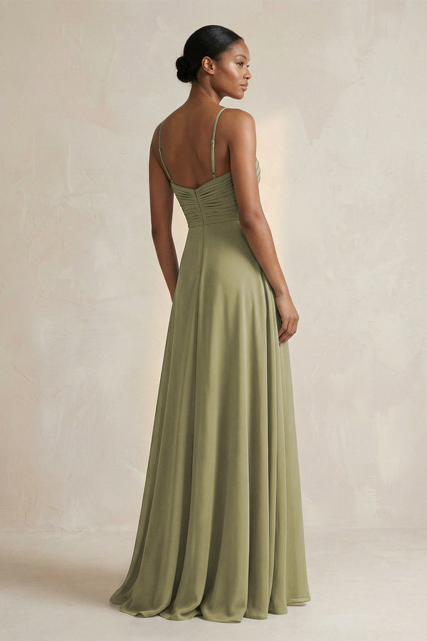 Halter Pleated Chiffon A - Line Bridesmaid Dress in Thyme - SHE IS ME Bridesmaid Dresses