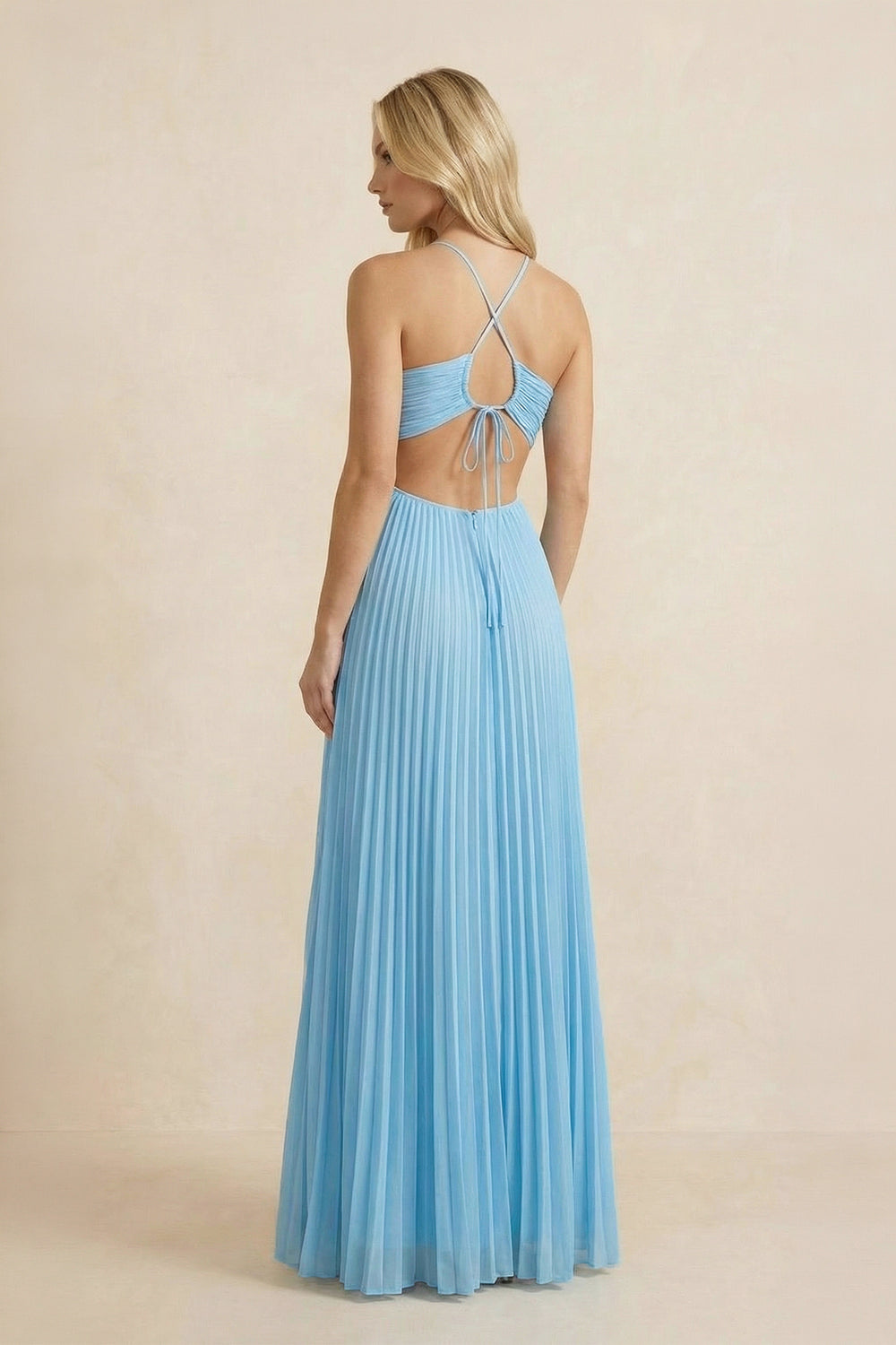 Halter Pleated Maxi Dress With Cutout in Sky Blue - SHE IS ME PROM DRESSES