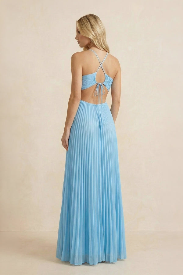 Halter Pleated Maxi Dress With Cutout in Sky Blue - SHE IS ME PROM DRESSES