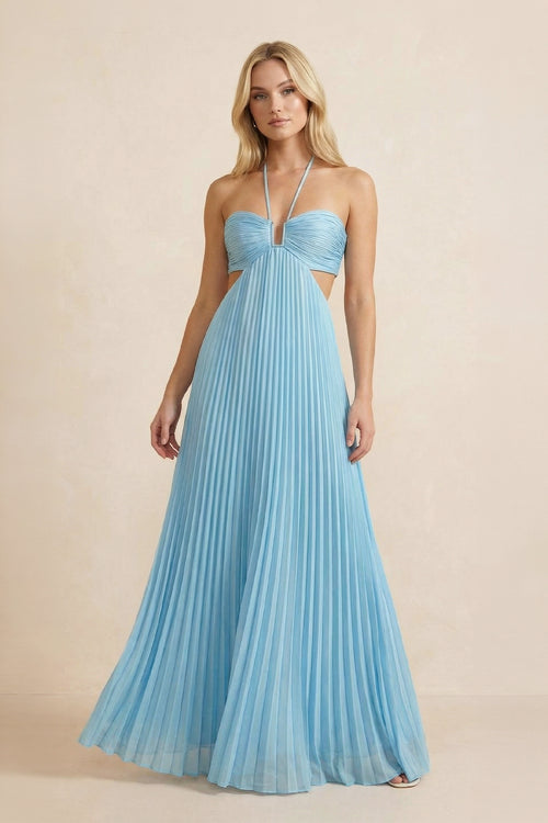 Halter Pleated Maxi Dress With Cutout in Sky Blue - SHE IS ME PROM DRESSES