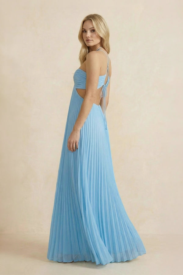 Halter Pleated Maxi Dress With Cutout in Sky Blue - SHE IS ME PROM DRESSES