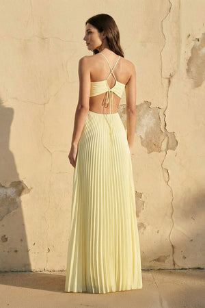 Halter Pleated Maxi Dress With Cutout in Yellow - SHE IS ME