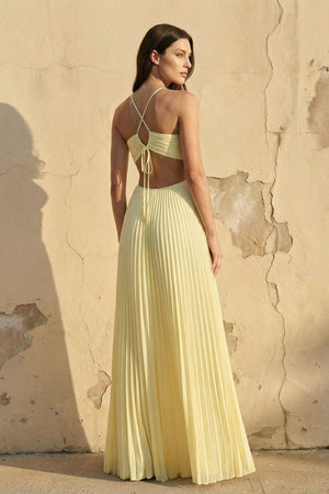 Halter Pleated Maxi Dress With Cutout in Yellow - SHE IS ME