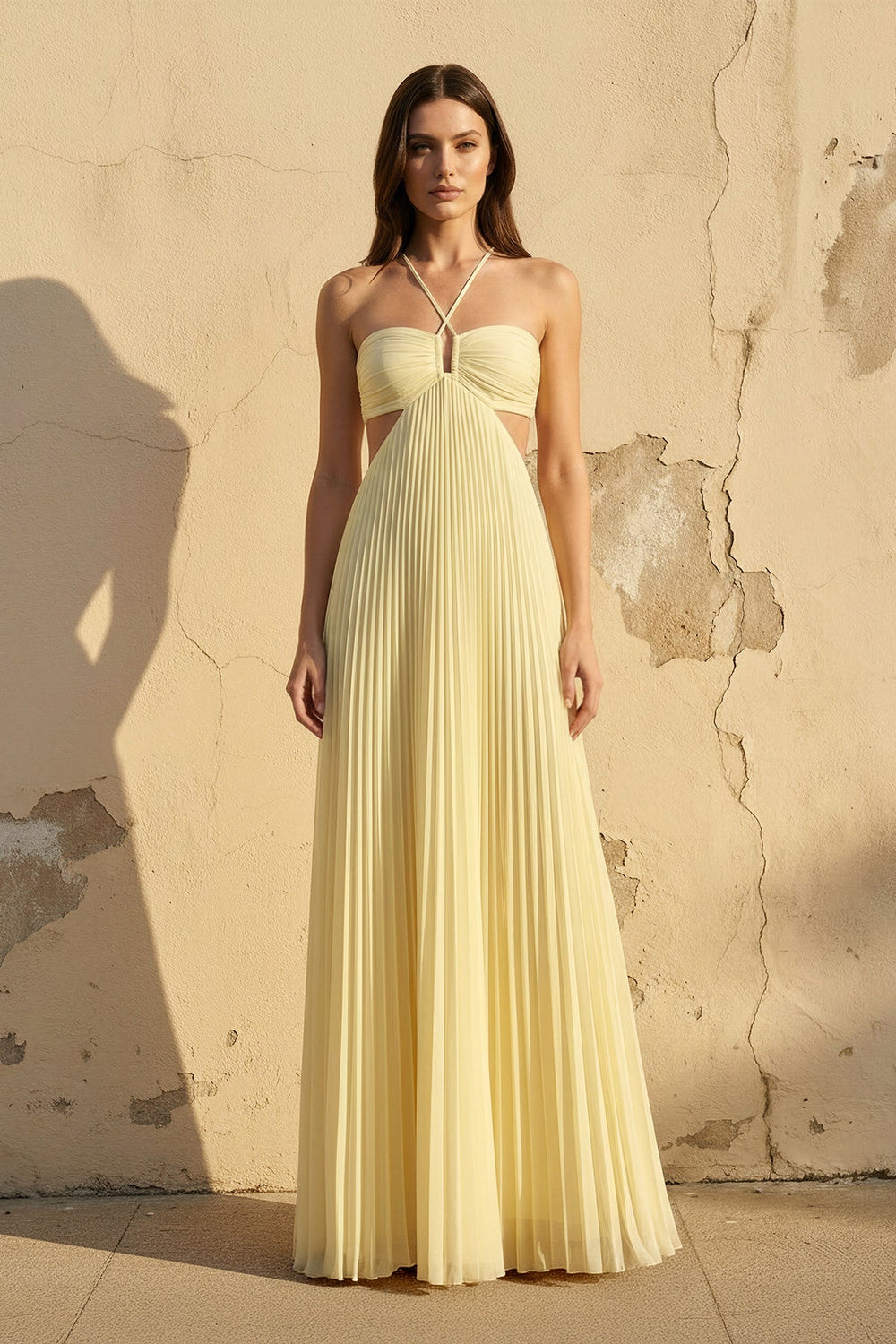 Halter Pleated Maxi Dress With Cutout in Yellow - SHE IS ME