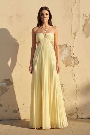 Halter Pleated Maxi Dress With Cutout in Yellow - SHE IS ME
