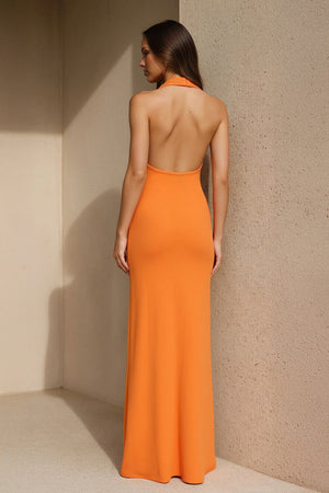 Halter Ruched Backless Maxi Dress in Orange - SHE IS ME PROM DRESSES