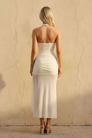 Halter Ruched Maxi Dress in Ivory - SHE IS ME