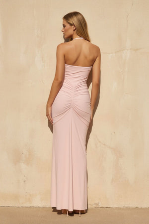 Halter Ruched Maxi Dress in Pink - SHE IS ME PROM DRESSES