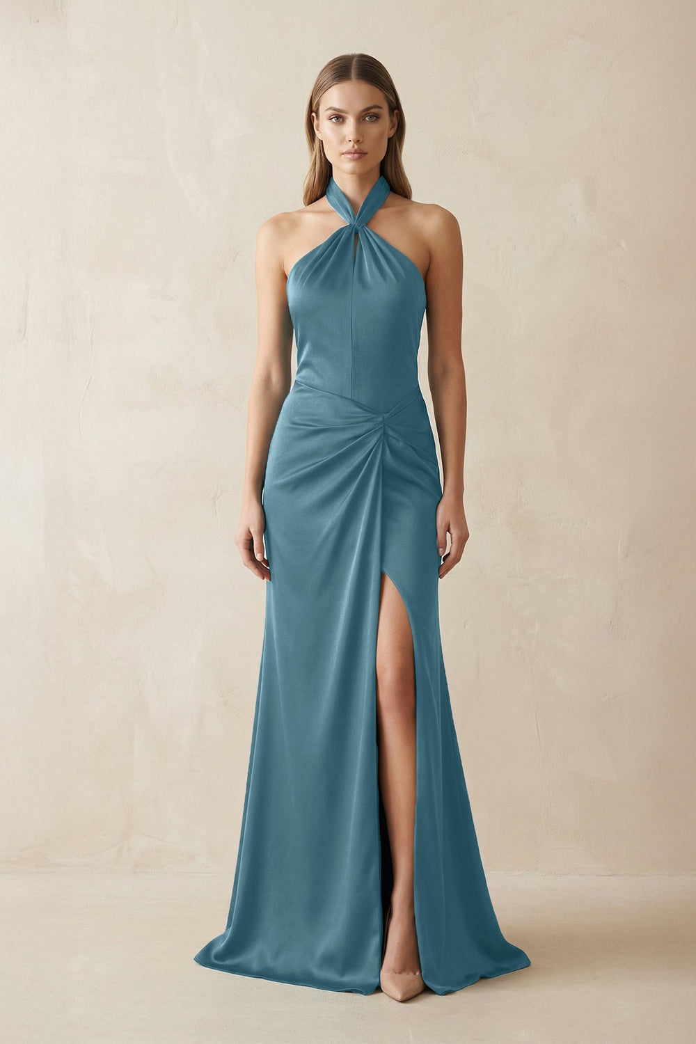 Halter Ruched Sheath Satin Bridesmaid Dress in Twilight - SHE IS ME Bridesmaid Dresses