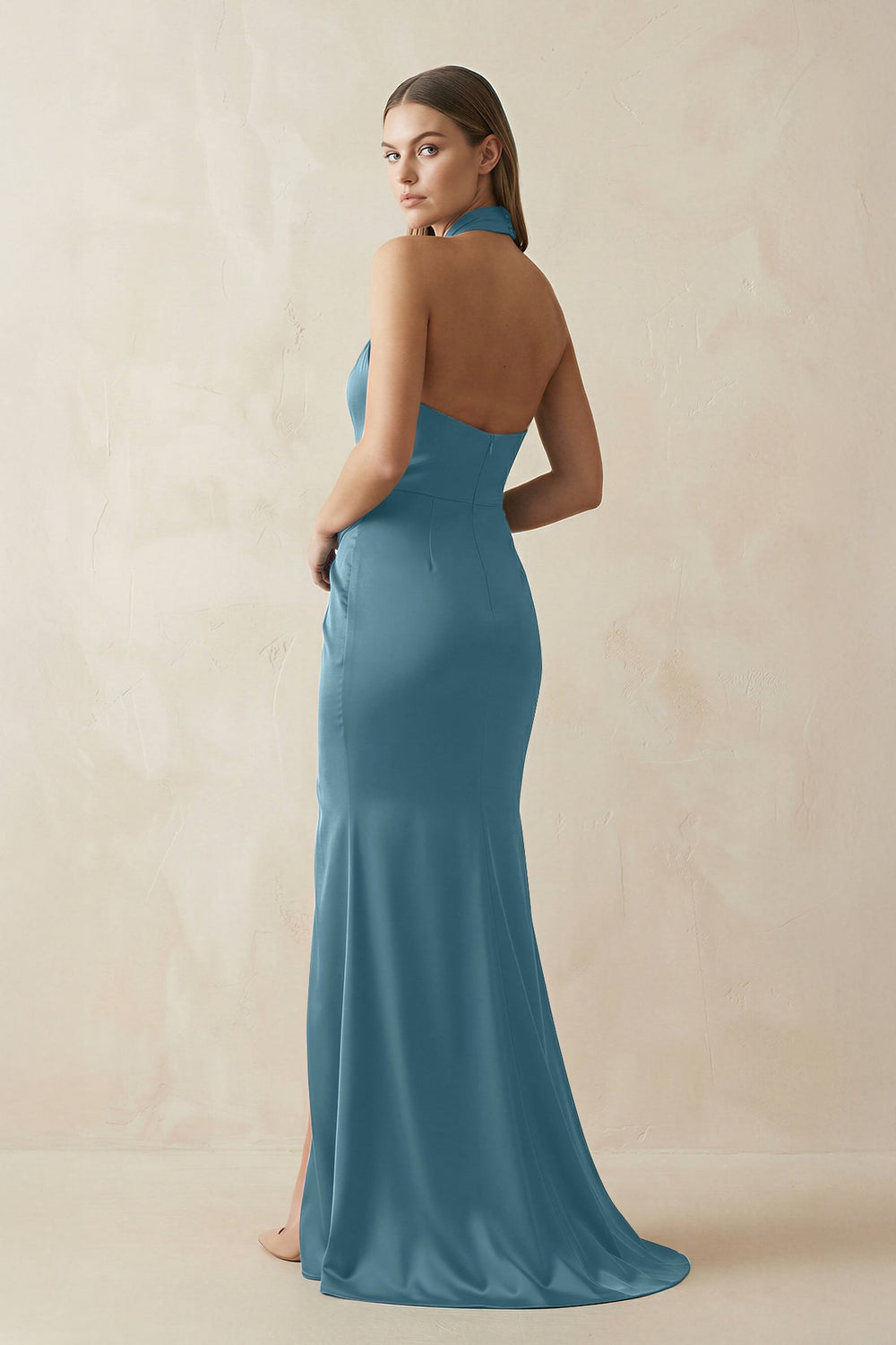 Halter Ruched Sheath Satin Bridesmaid Dress in Twilight - SHE IS ME Bridesmaid Dresses