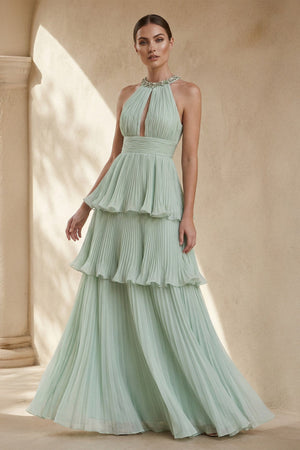 Halter Ruffled Gown With Beading in Mint Green - SHE IS ME