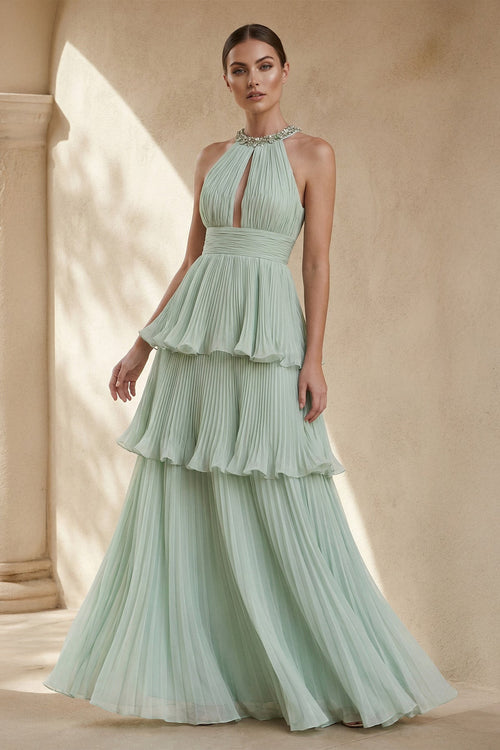 Halter Ruffled Gown With Beading in Mint Green - SHE IS ME