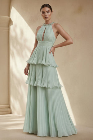 Halter Ruffled Gown With Beading in Mint Green - SHE IS ME