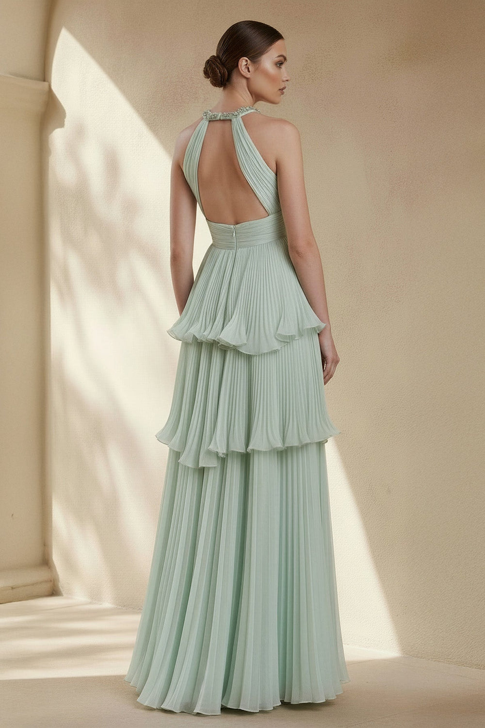 Halter Ruffled Gown With Beading in Mint Green - SHE IS ME