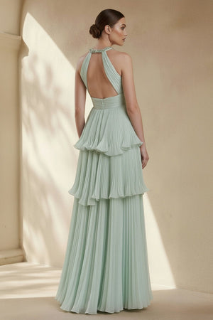 Halter Ruffled Gown With Beading in Mint Green - SHE IS ME